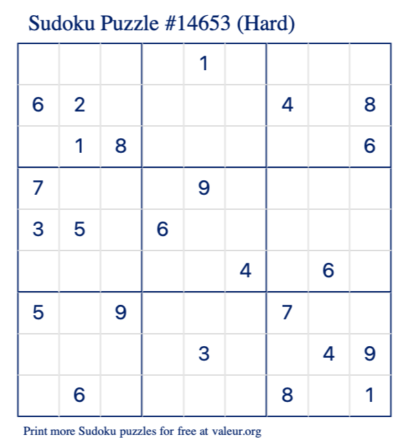 Free Printable Hard Sudoku Puzzle number 14653