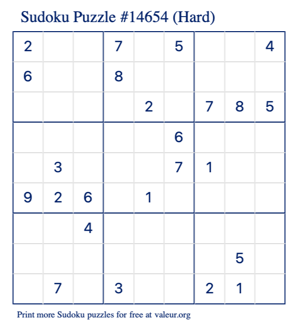 Free Printable Hard Sudoku Puzzle number 14654