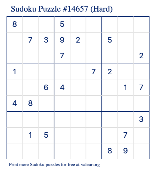 Free Printable Hard Sudoku Puzzle number 14657