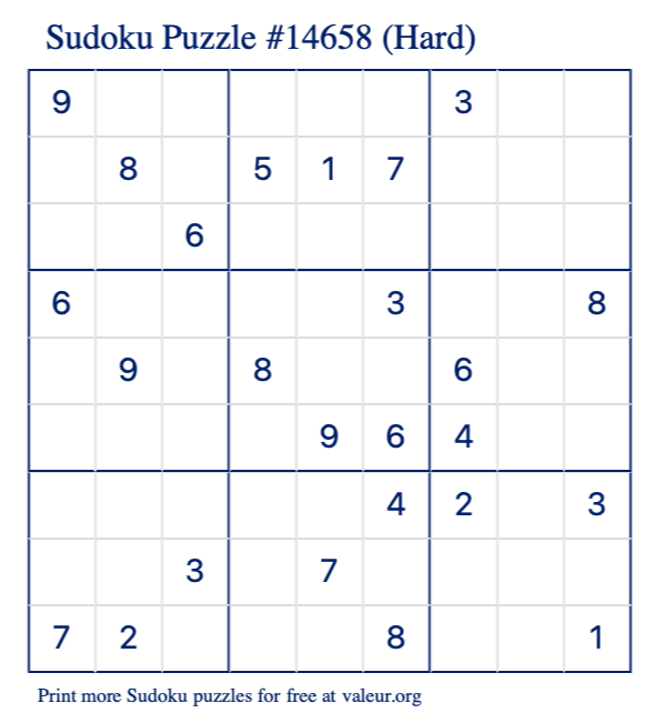 Free Printable Hard Sudoku Puzzle number 14658