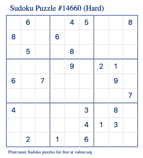 Free Printable Hard Sudoku Puzzle number 14660
