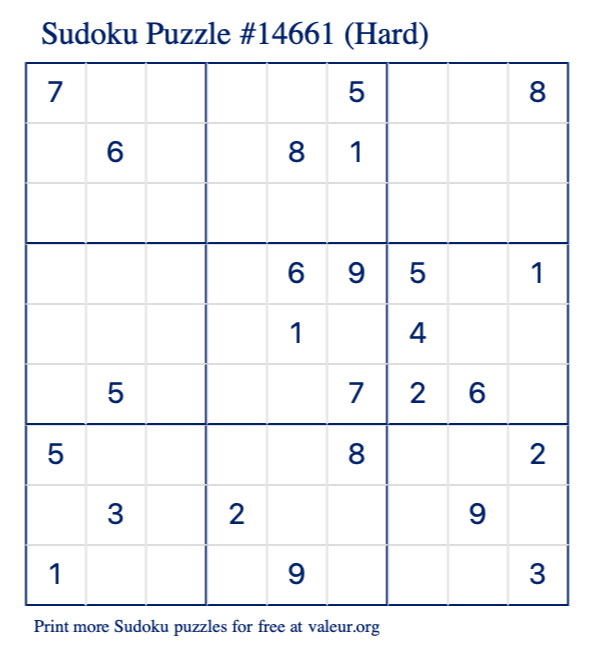 Free Printable Hard Sudoku Puzzle number 14661