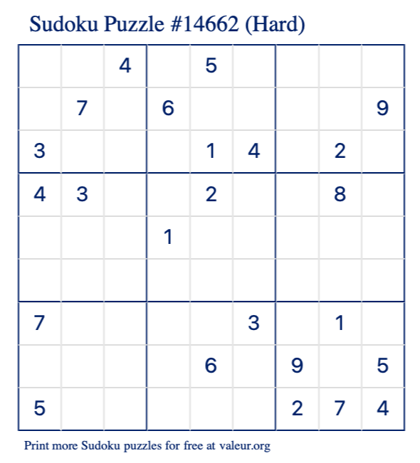 Free Printable Hard Sudoku Puzzle number 14662