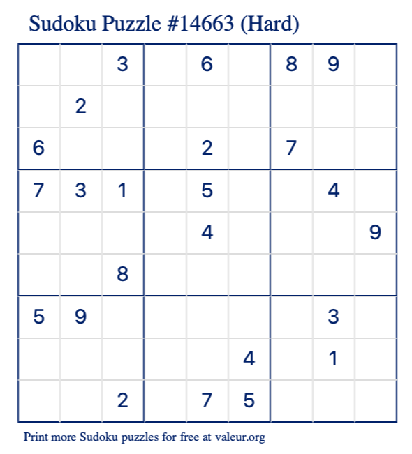 Free Printable Hard Sudoku Puzzle number 14663