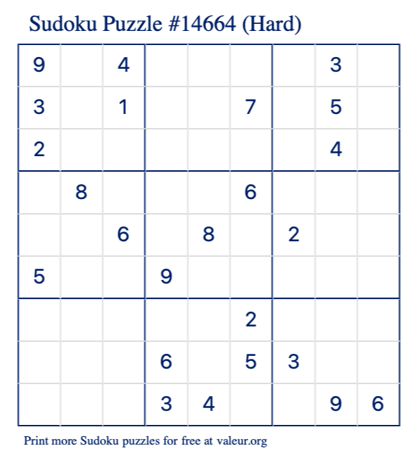 Free Printable Hard Sudoku Puzzle number 14664
