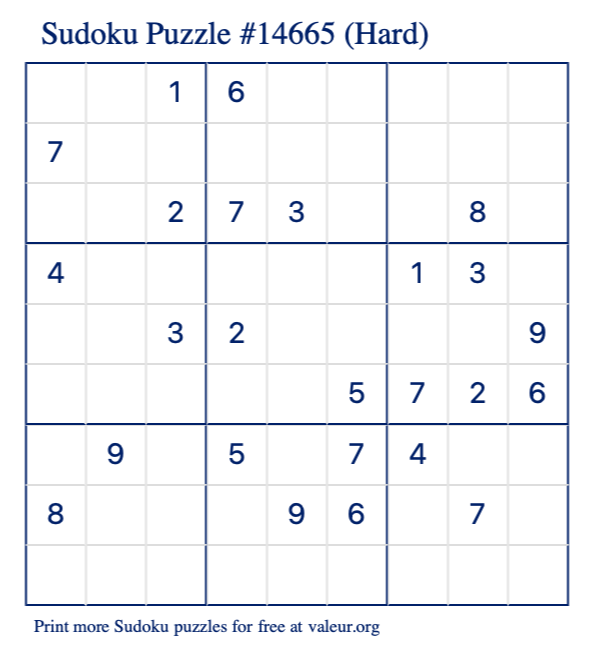 Free Printable Hard Sudoku Puzzle number 14665