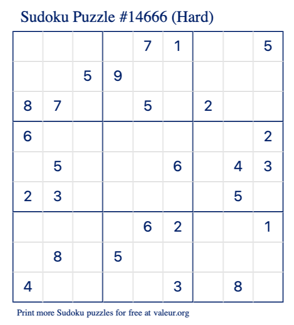 Free Printable Hard Sudoku Puzzle number 14666