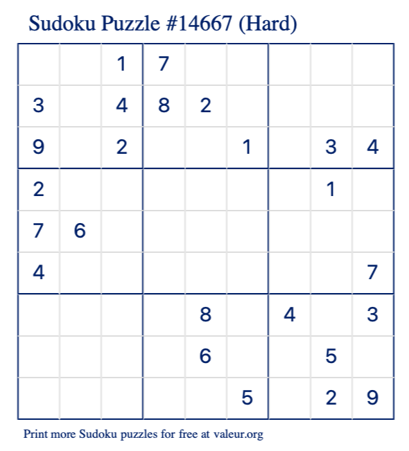 Free Printable Hard Sudoku Puzzle number 14667