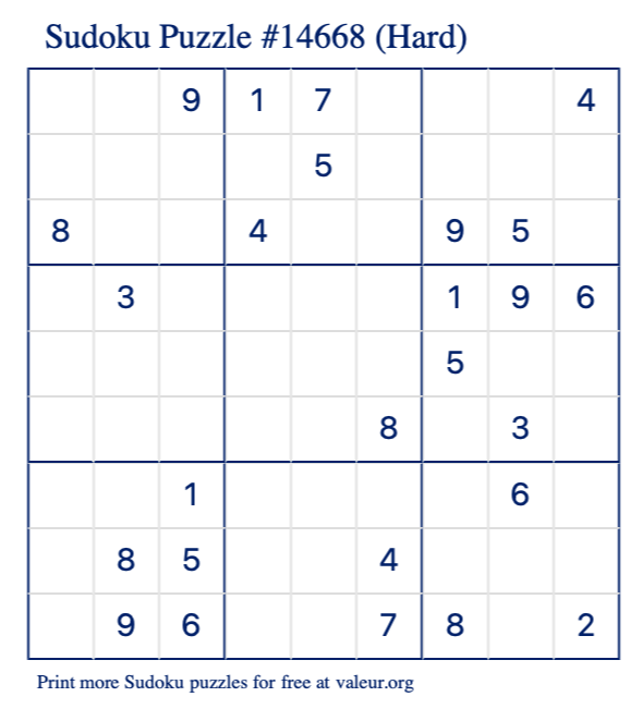Free Printable Hard Sudoku Puzzle number 14668
