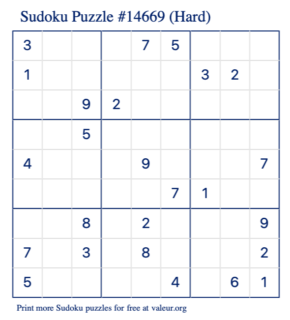 Free Printable Hard Sudoku Puzzle number 14669