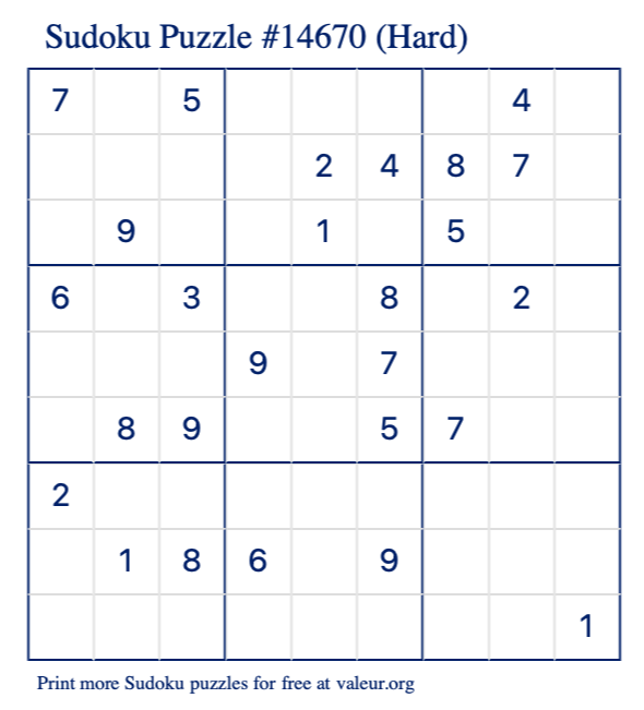Free Printable Hard Sudoku Puzzle number 14670
