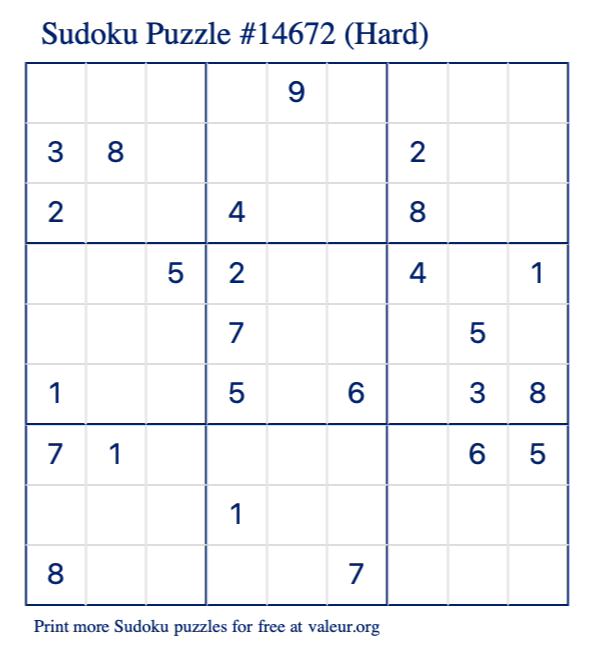 Free Printable Hard Sudoku Puzzle number 14672