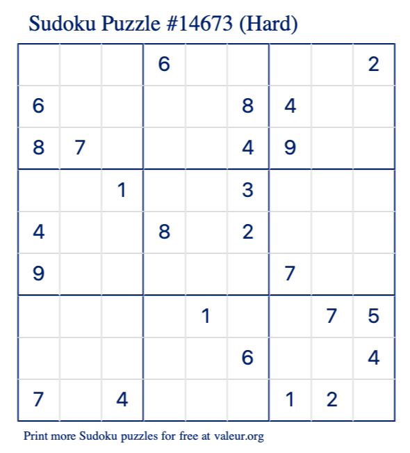 Free Printable Hard Sudoku Puzzle number 14673