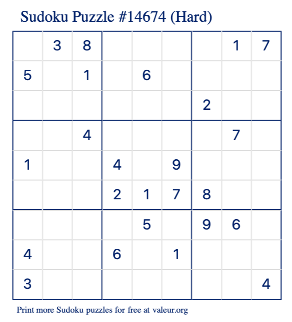 Free Printable Hard Sudoku Puzzle number 14674