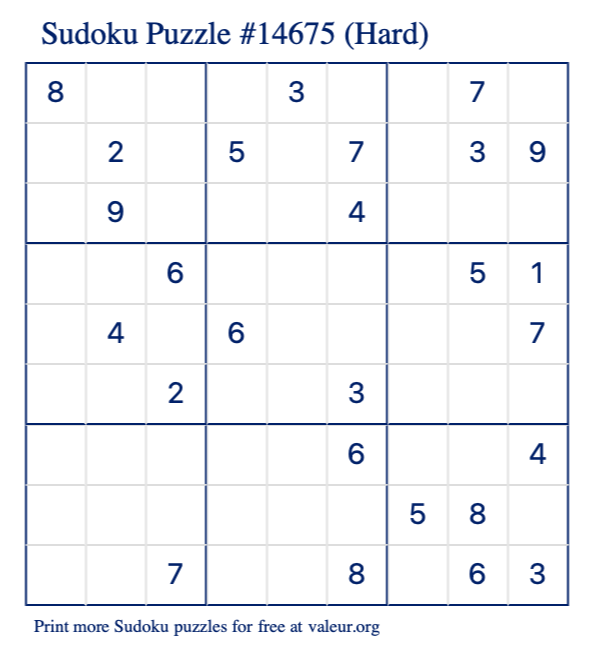 Free Printable Hard Sudoku Puzzle number 14675