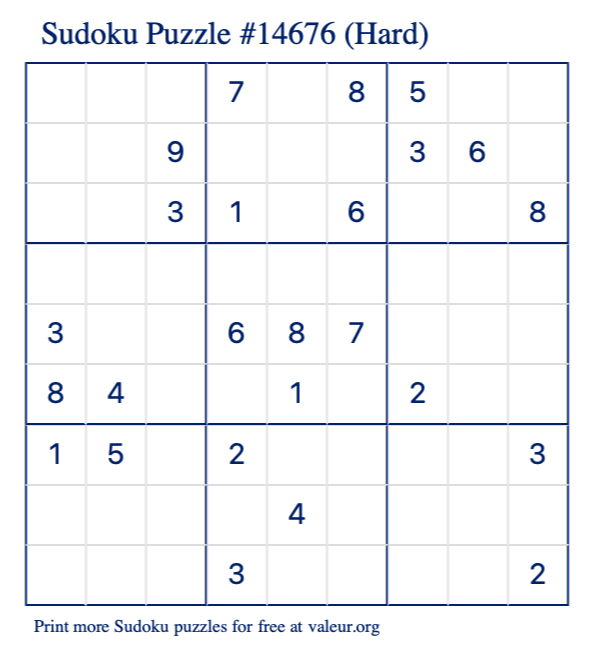 Free Printable Hard Sudoku Puzzle number 14676