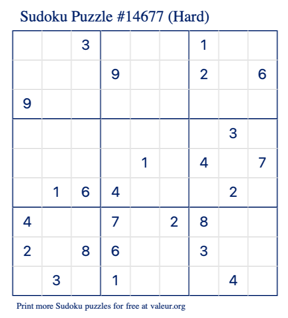 Free Printable Hard Sudoku Puzzle number 14677