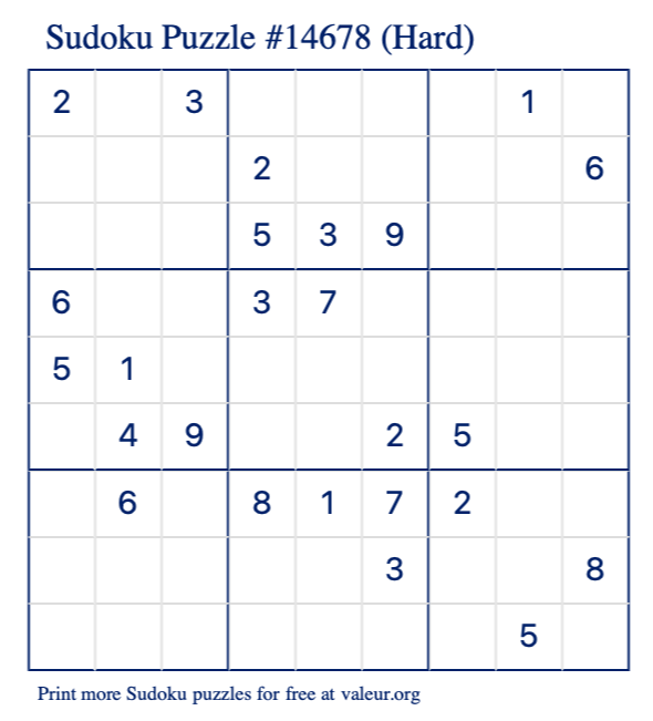 Free Printable Hard Sudoku with the Answer #14678 Free Printable Hard Sudoku with the Answer #14678