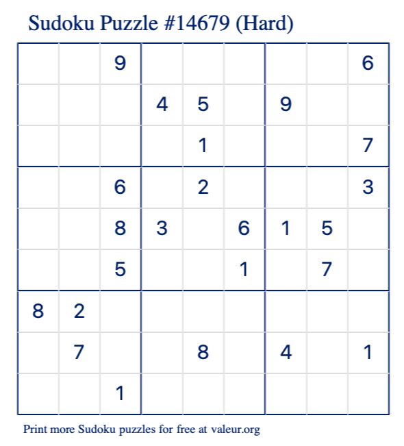 Free Printable Hard Sudoku Puzzle number 14679