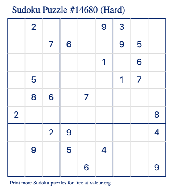 Free Printable Hard Sudoku Puzzle number 14680