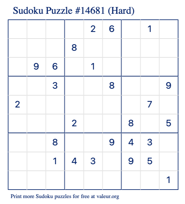 Free Printable Hard Sudoku Puzzle number 14681