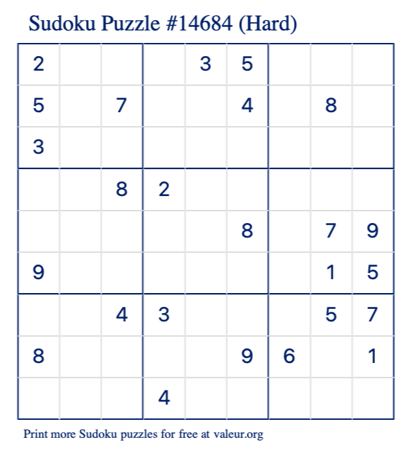 Free Printable Hard Sudoku Puzzle number 14684