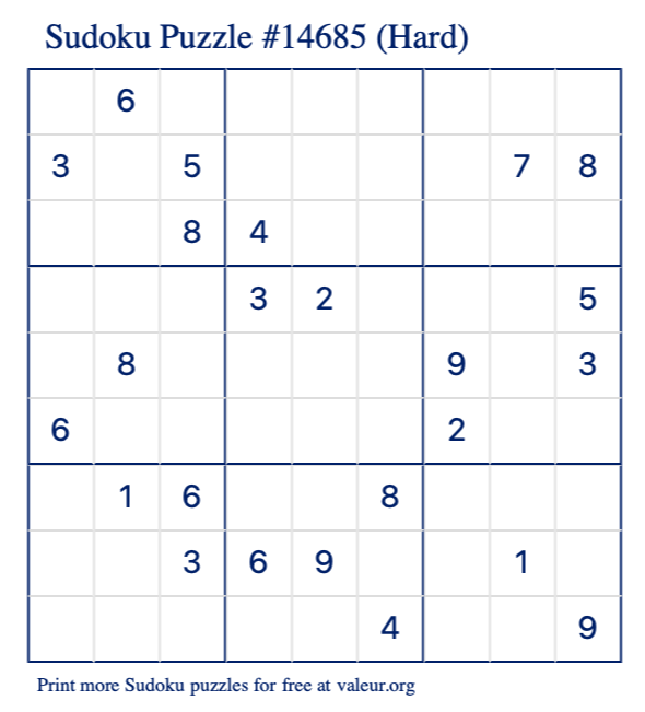 Free Printable Hard Sudoku Puzzle number 14685