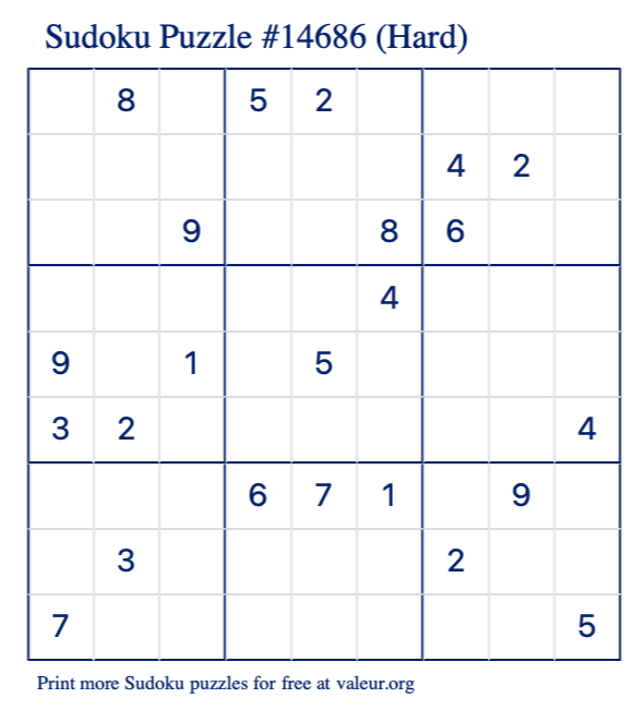 Free Printable Hard Sudoku Puzzle number 14686