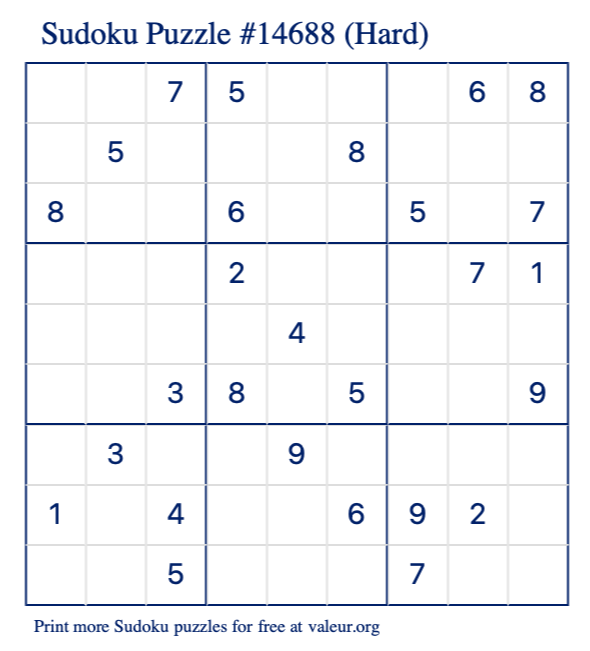 Free Printable Hard Sudoku Puzzle number 14688