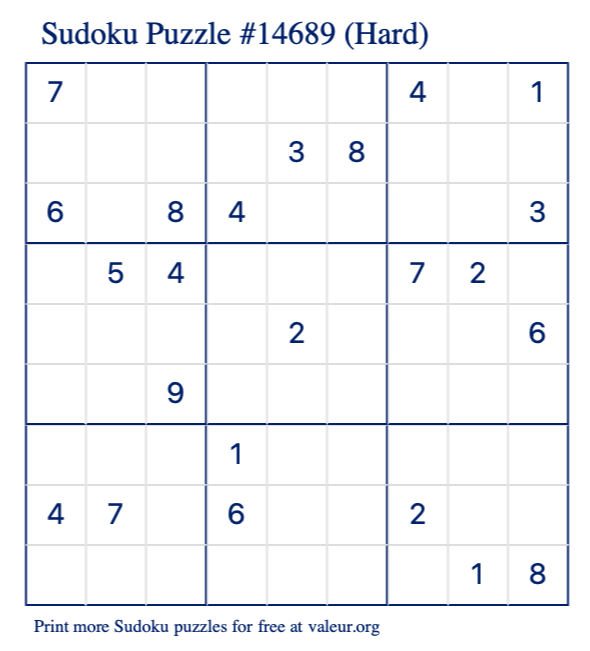 Free Printable Hard Sudoku Puzzle number 14689