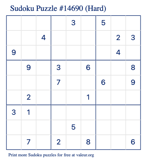 Free Printable Hard Sudoku Puzzle number 14690