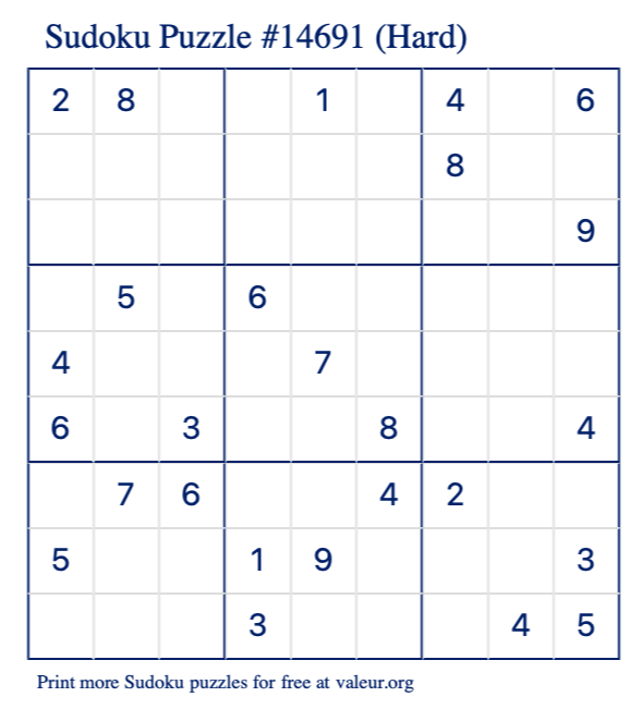 Free Printable Hard Sudoku Puzzle number 14691