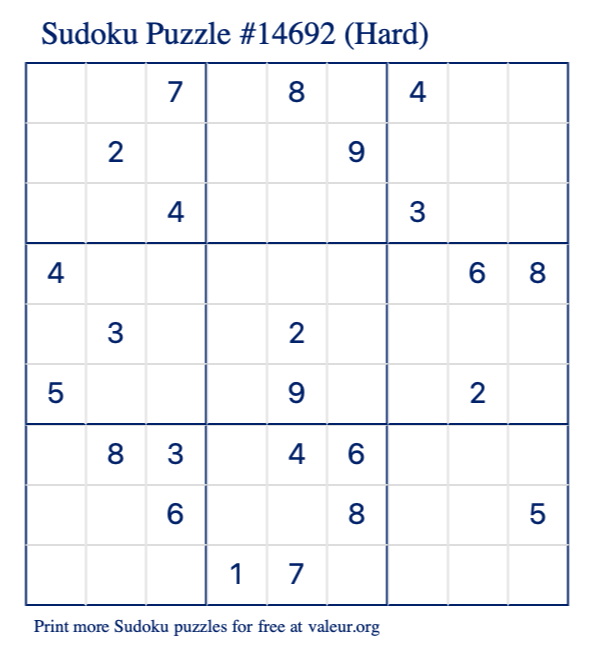 Free Printable Hard Sudoku Puzzle number 14692