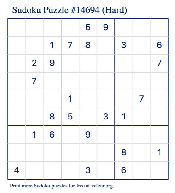 Free Printable Hard Sudoku Puzzle number 14694