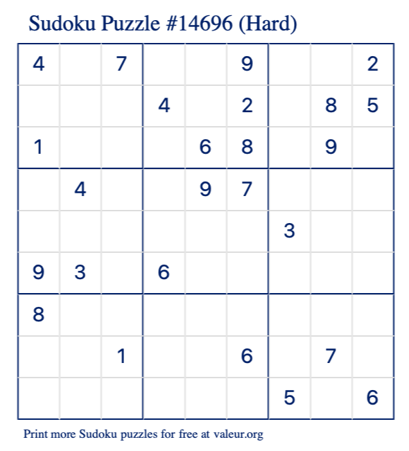 Free Printable Hard Sudoku Puzzle number 14696