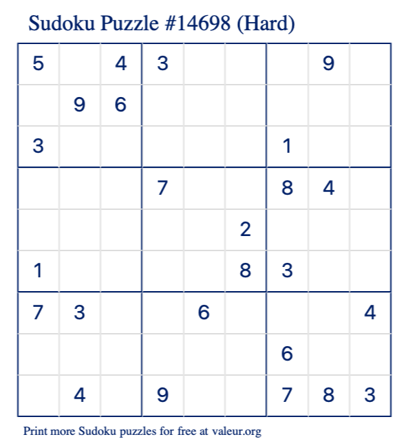 Free Printable Hard Sudoku Puzzle number 14698