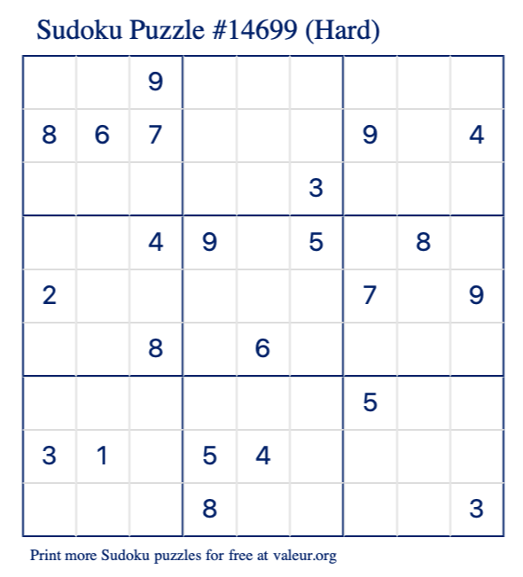 Free Printable Hard Sudoku Puzzle number 14699