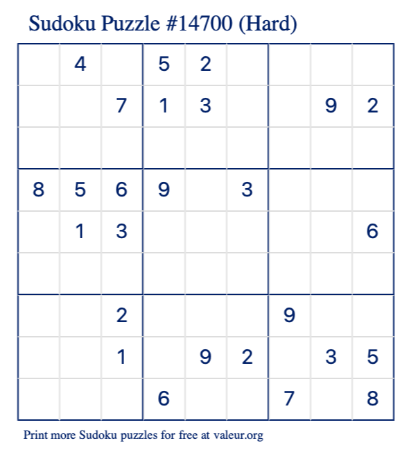 Free Printable Hard Sudoku Puzzle number 14700