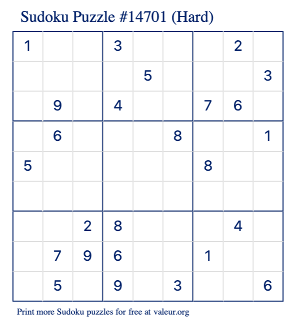 Free Printable Hard Sudoku Puzzle number 14701