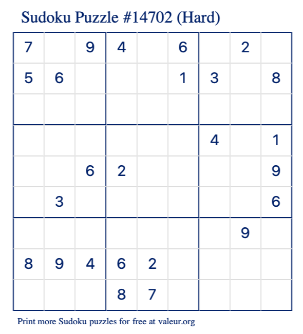 Free Printable Hard Sudoku Puzzle number 14702