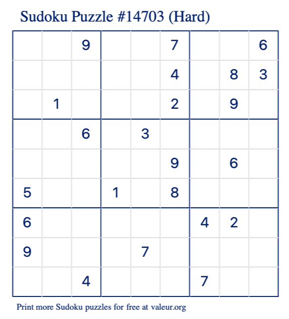 Free Printable Hard Sudoku Puzzle number 14703