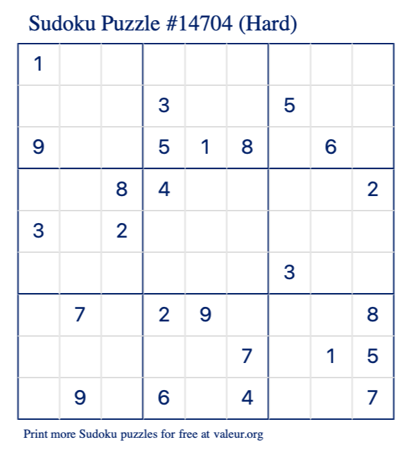 Free Printable Hard Sudoku Puzzle number 14704