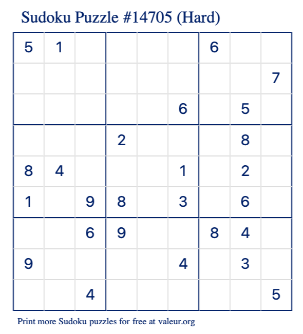 Free Printable Hard Sudoku Puzzle number 14705