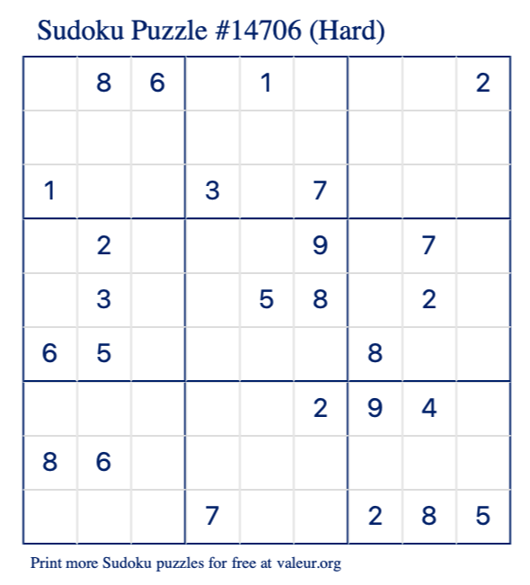 Free Printable Hard Sudoku Puzzle number 14706