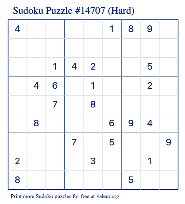 Free Printable Hard Sudoku Puzzle number 14707