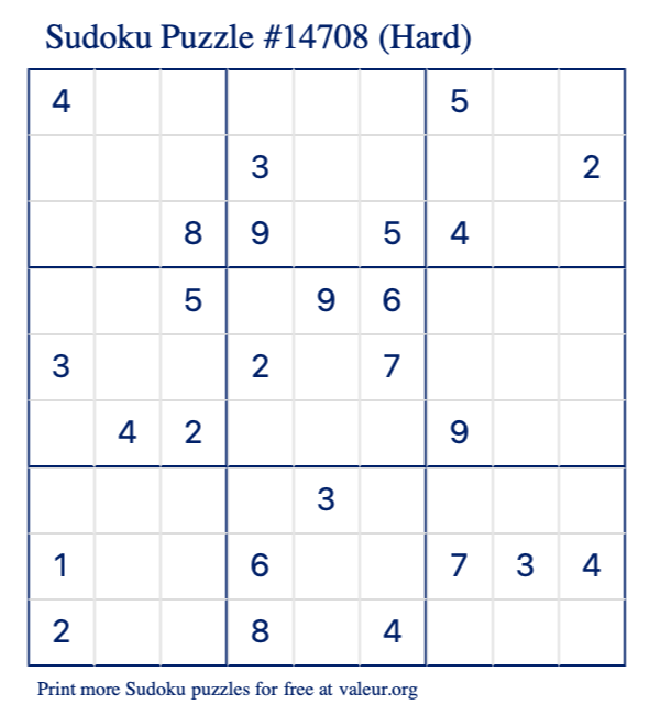 Free Printable Hard Sudoku Puzzle number 14708