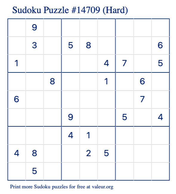 Free Printable Hard Sudoku Puzzle number 14709