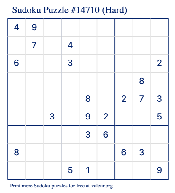 Free Printable Hard Sudoku Puzzle number 14710