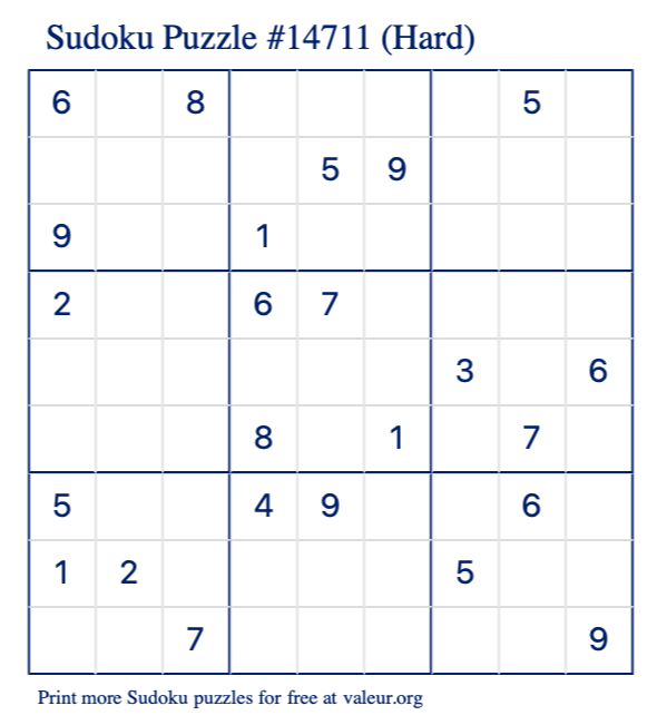 Free Printable Hard Sudoku Puzzle number 14711