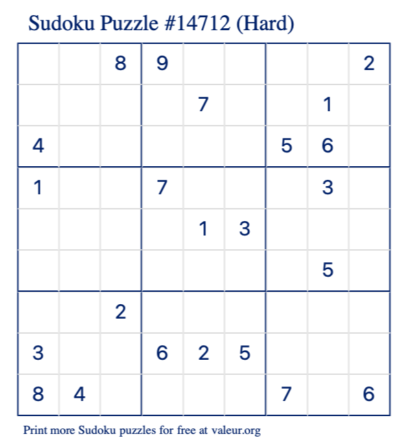 Free Printable Hard Sudoku Puzzle number 14712